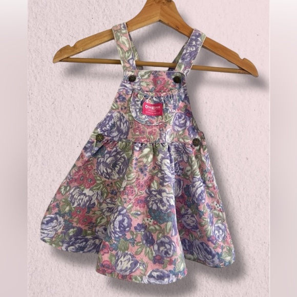 OshKosh B'gosh Other - VINTAGE OSH KOSH B’GOSH VESTBAK 4T Floral Cotton Denim Overall Dress PURPLE/PINK